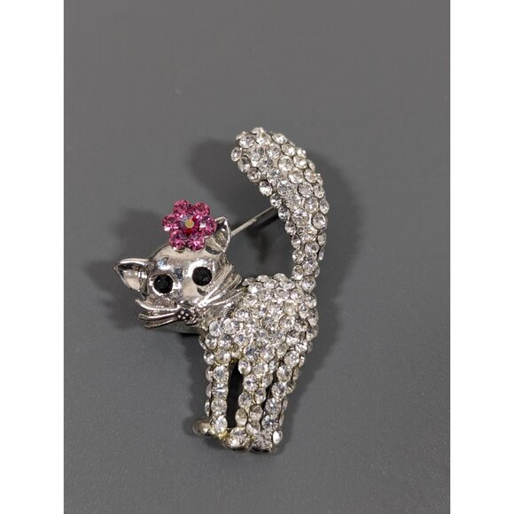 Rhinestone Crystal Pave Scared Cat Kitten Pink Flower Brooch Pin Silver Tone - Picture 5 of 7